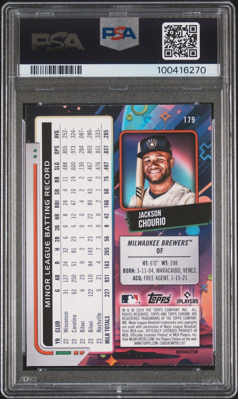 2024 Topps Chrome Cosmic 179 Jackson Chourio Refractor PSA 10