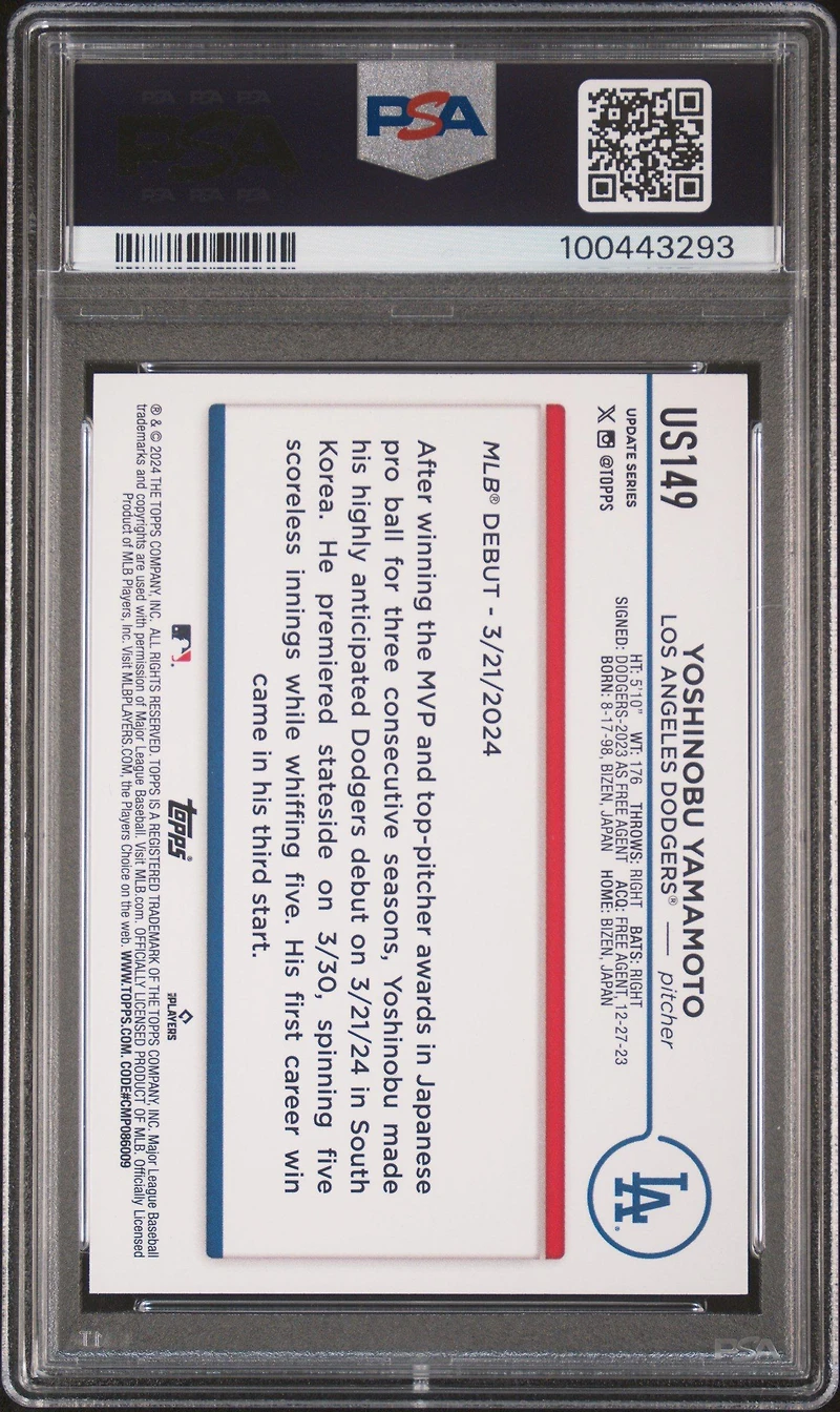 2024 Topps Update Us149 Yoshinobu Yamamoto Gold Rainbow Foil PSA 10