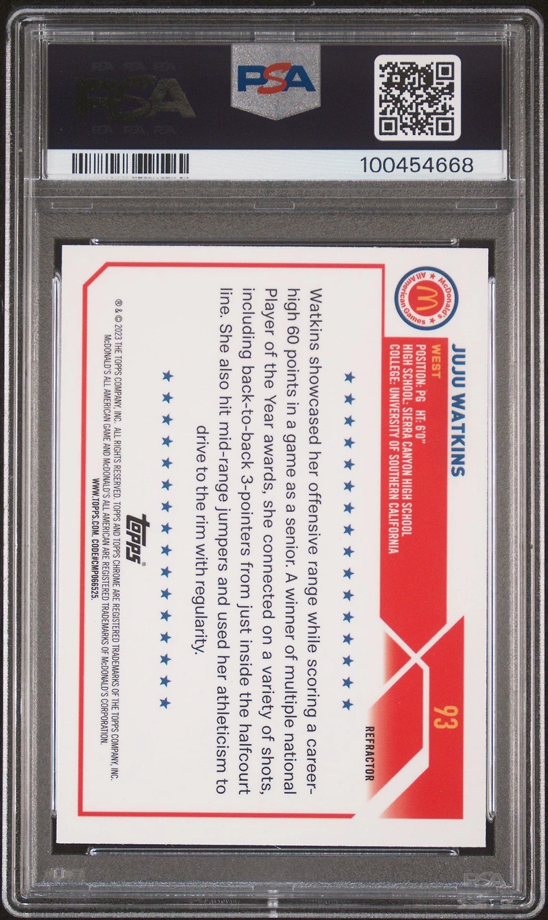 2023 Topps Chrome Mcdonald's All-american 93 Juju Watkins Refractor PSA