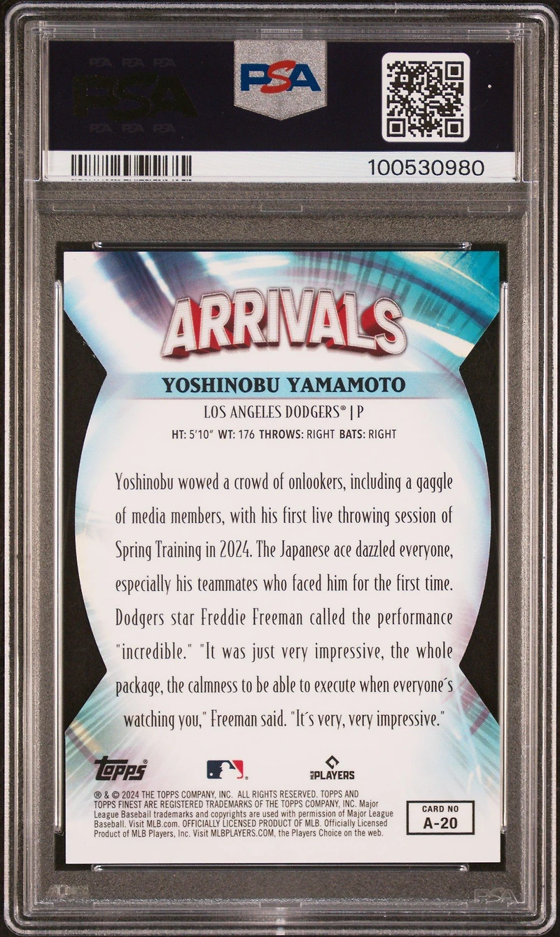 2024 Topps Finest Arrivals A20 Yoshinobu Yamamoto Blue Refractor PSA 9