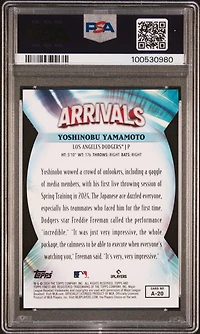 2024 Topps Finest Arrivals A20 Yoshinobu Yamamoto Blue Refractor PSA 9