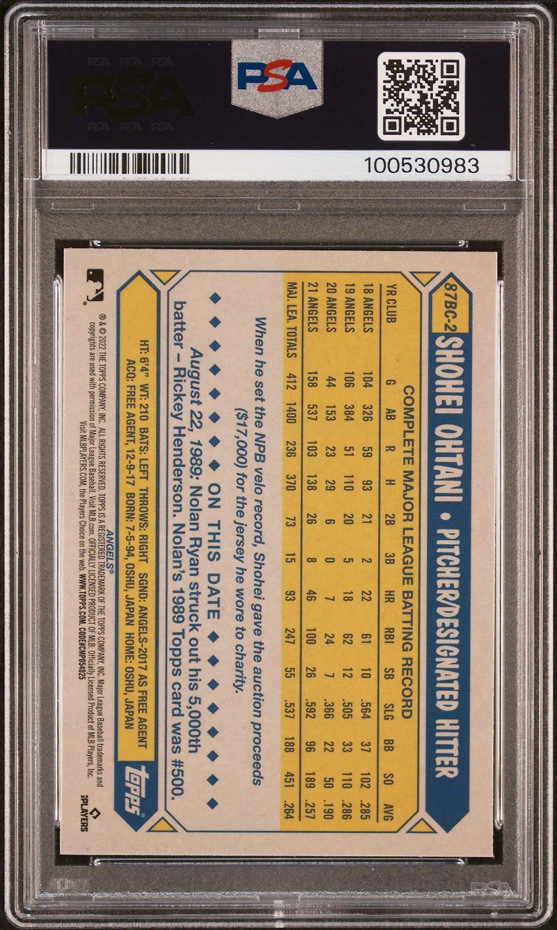 2022 Topps Chrome 1987 Topps Baseball 87bc2 Shohei Ohtani PSA 10