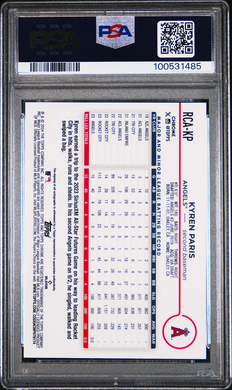 2024 Topps Chrome Logofractor Edition Mlb Refractor Chrome Autographs Rcakp Kyren Paris Gold Refractor PSA 9