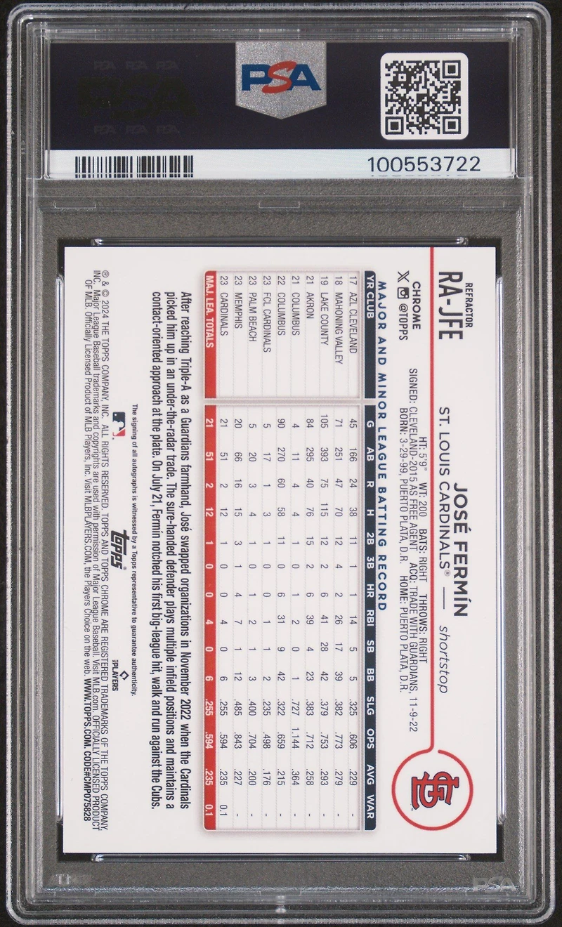 2024 Topps Chrome Rookie Autographs Rajfe Jose Fermin Refractor PSA 9