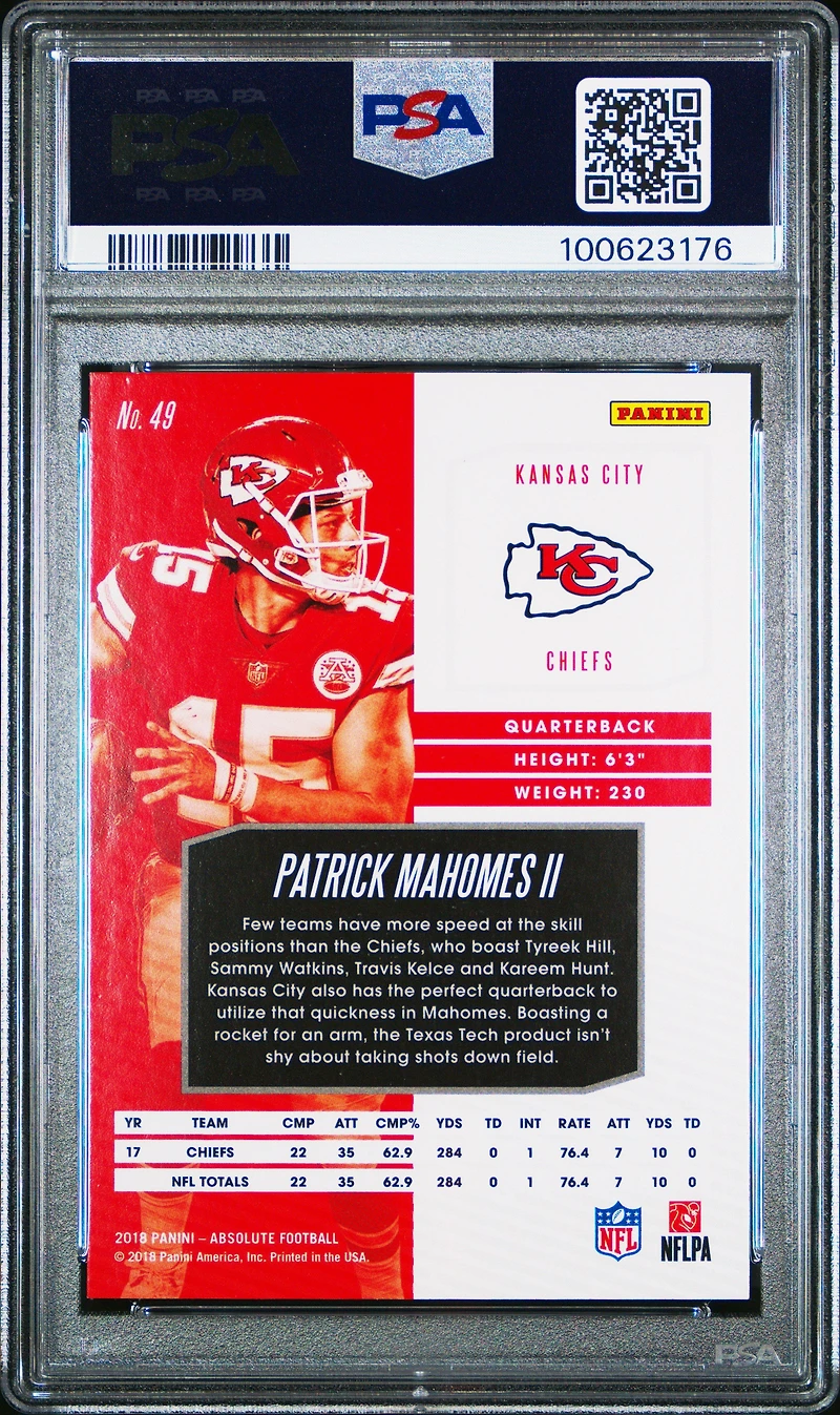2018 Panini Absolute 49 Patrick Mahomes Ii Spectrum Blue PSA 10