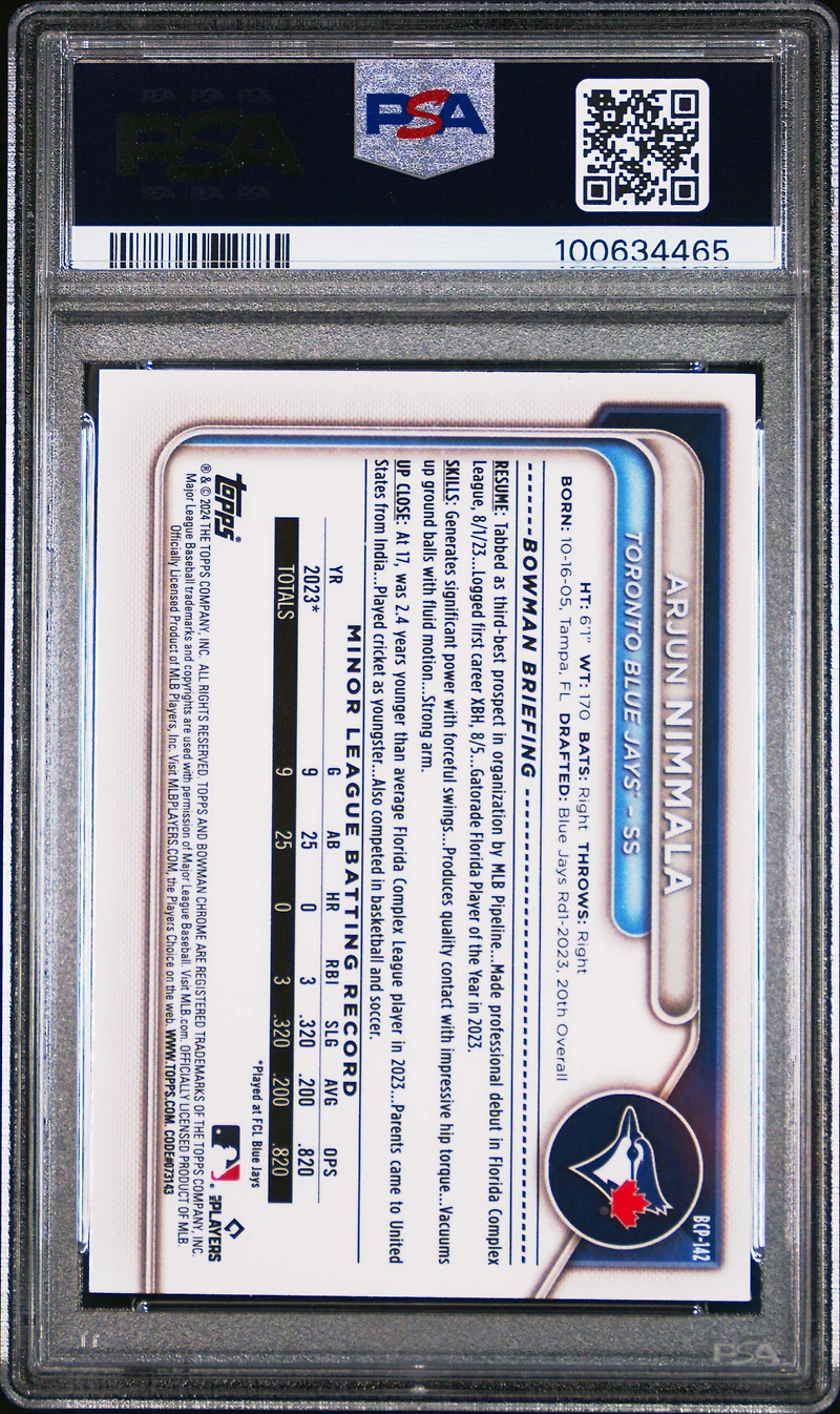 2024 Bowman Chrome Prospects Bcp142 Arjun Nimmala PSA 10