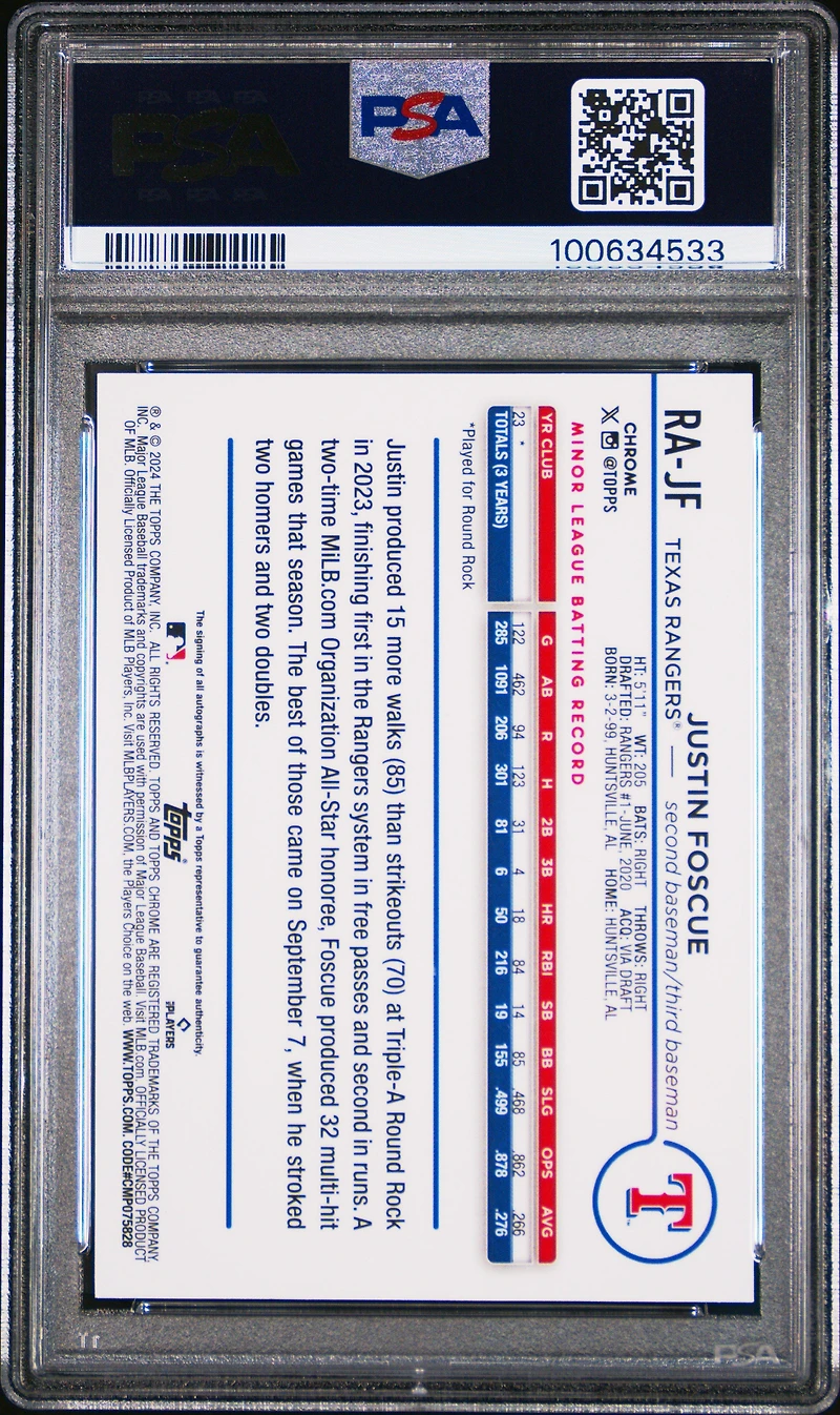 2024 Topps Chrome Rookie Autographs Rajf Justin Foscue PSA 10