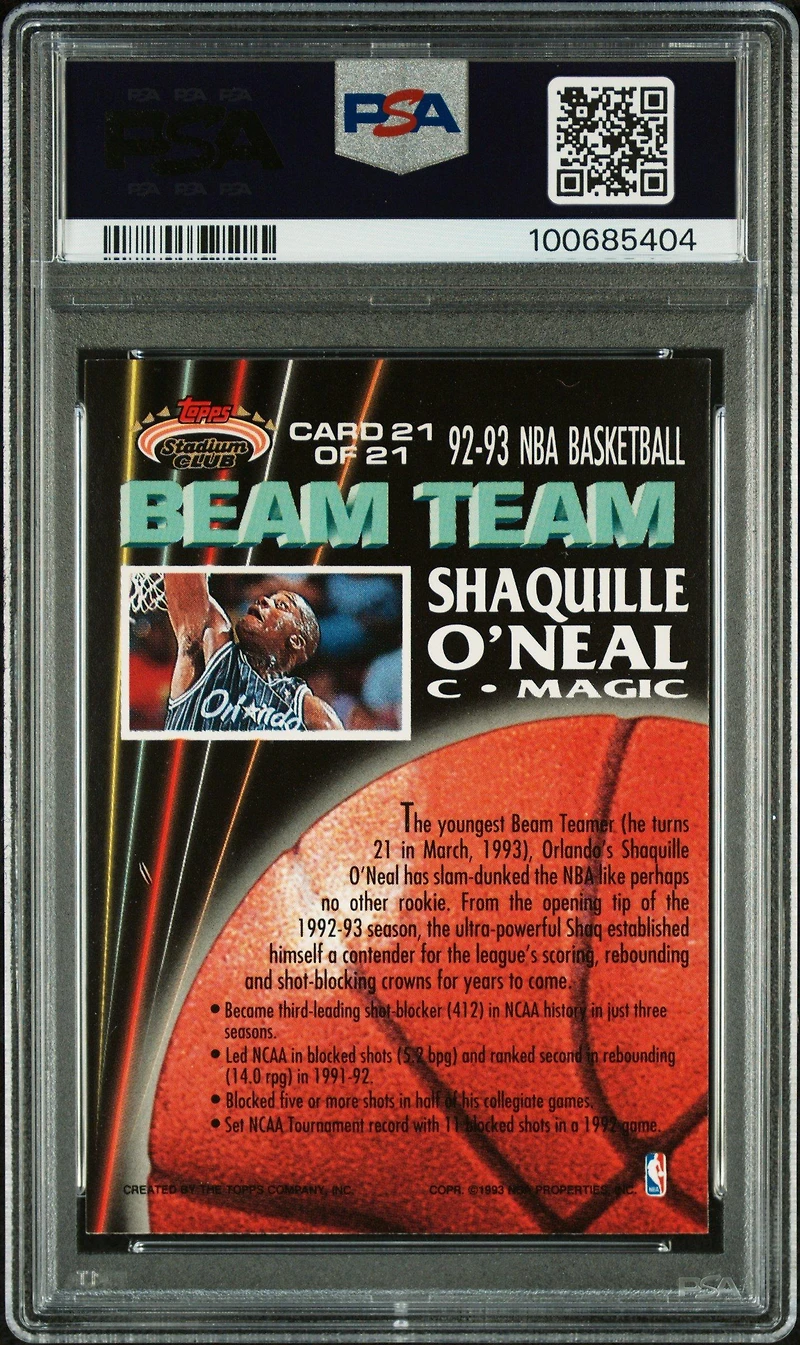 1992 Stadium Club Beam Team 21 Shaquille O'neal PSA 8