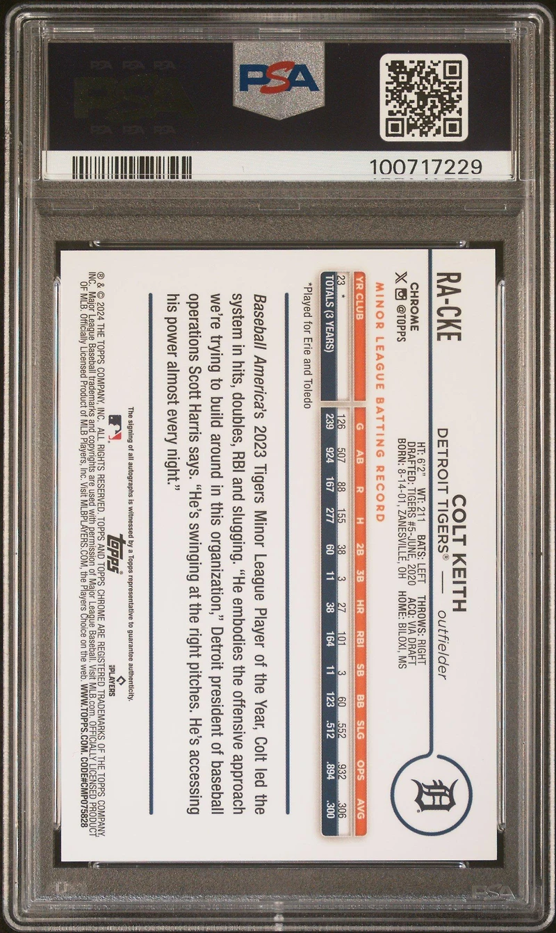 2024 Topps Chrome Rookie Autographs Racke Colt Keith PSA
