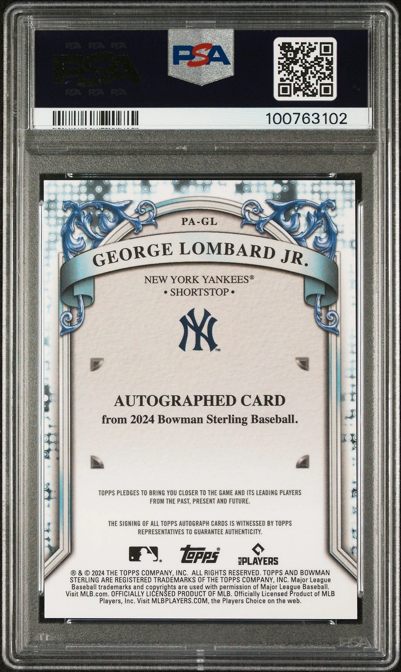 2024 Bowman Sterling Prospect Autographs Pagl George Lombard Jr. Sterling Silver Refractor PSA 10