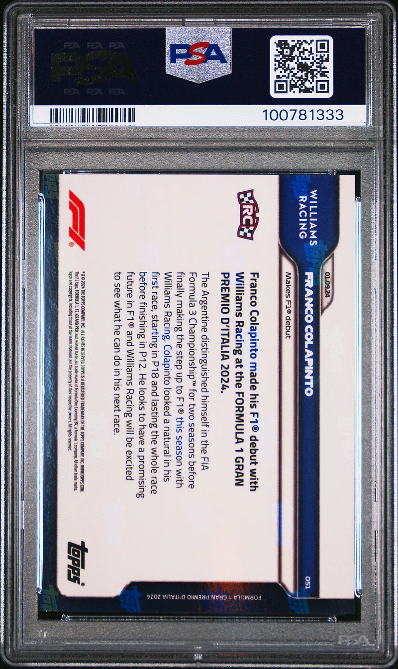 2024 Topps Now Formula 1 51 Franco Colapinto PSA 10