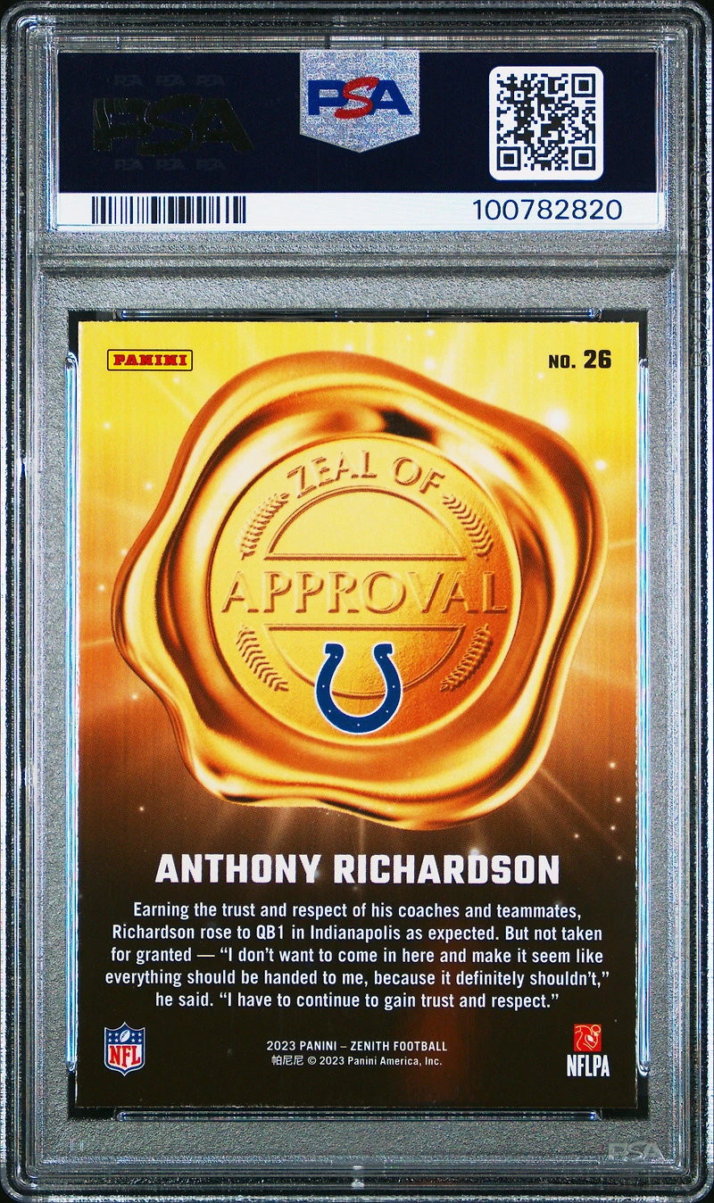 2023 Panini Zenith Zeal Of Approval 26 Anthony Richardson PSA