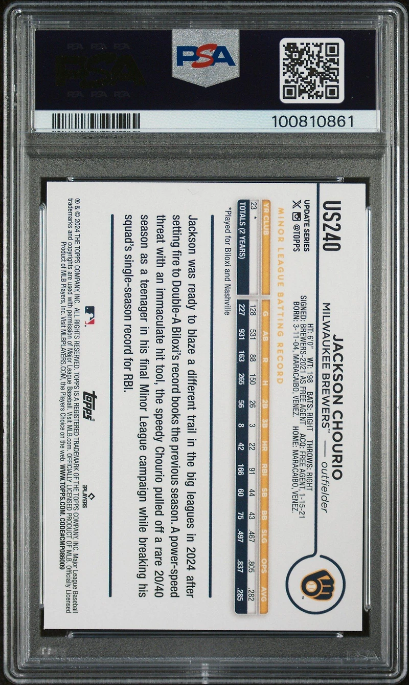 2024 Topps Update Us240 Jackson Chourio PSA 10