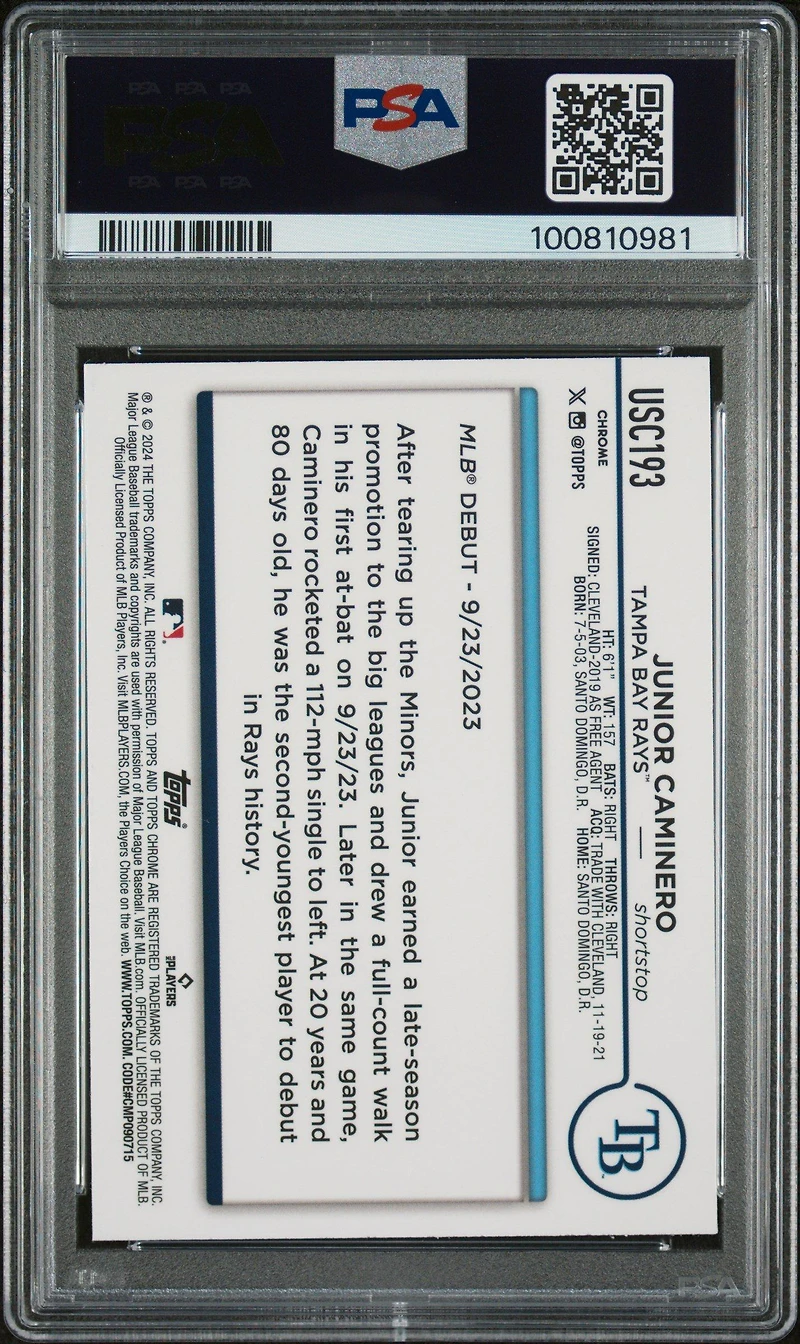 2024 Topps Chrome Update Usc193 Junior Caminero PSA 10