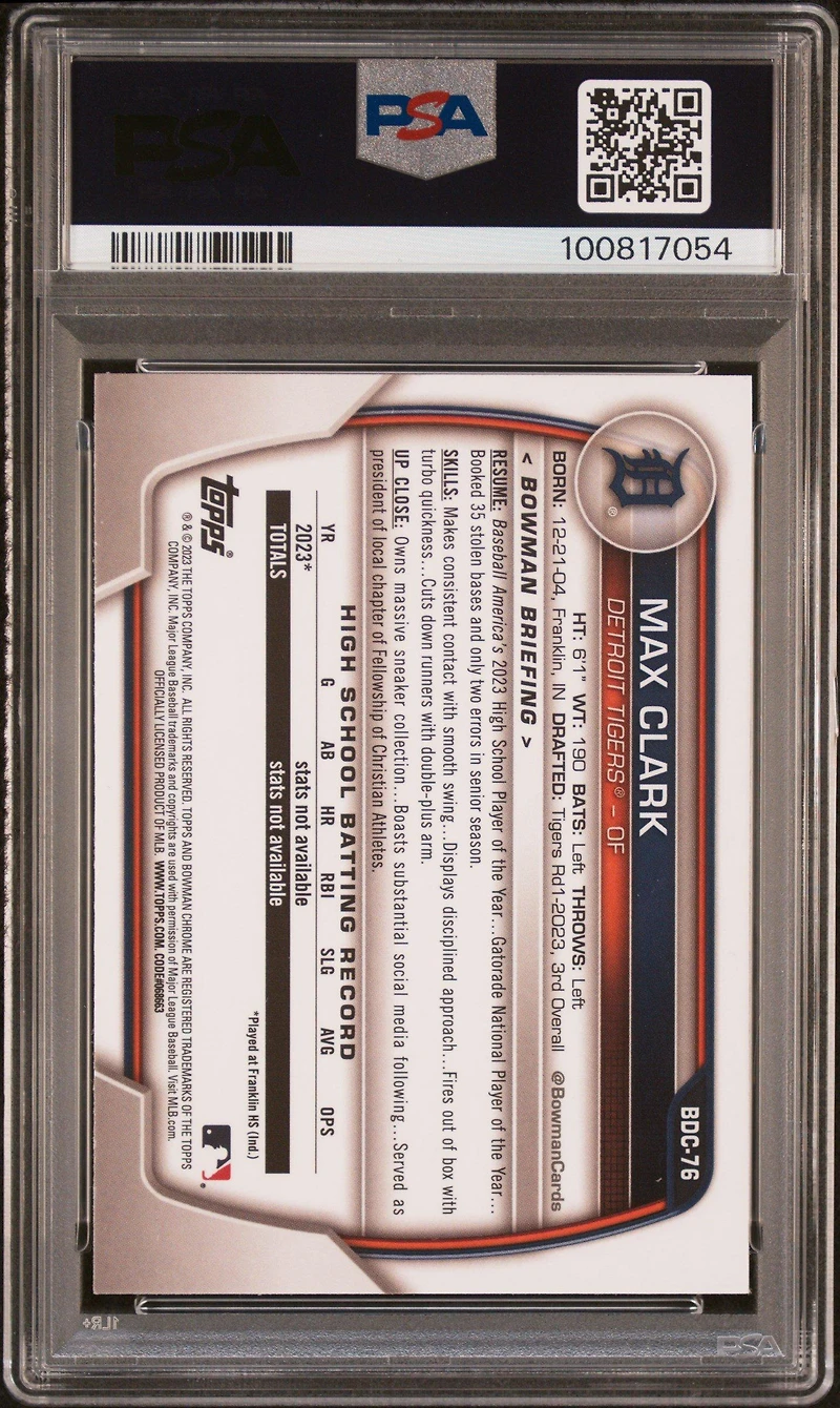 2023 Bowman Draft Bdc76 Max Clark Chrome PSA 10