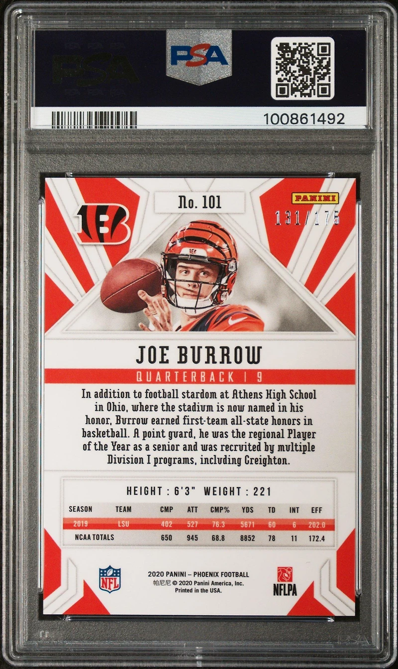 2020 Panini Phoenix 101 Joe Burrow Teal PSA 9