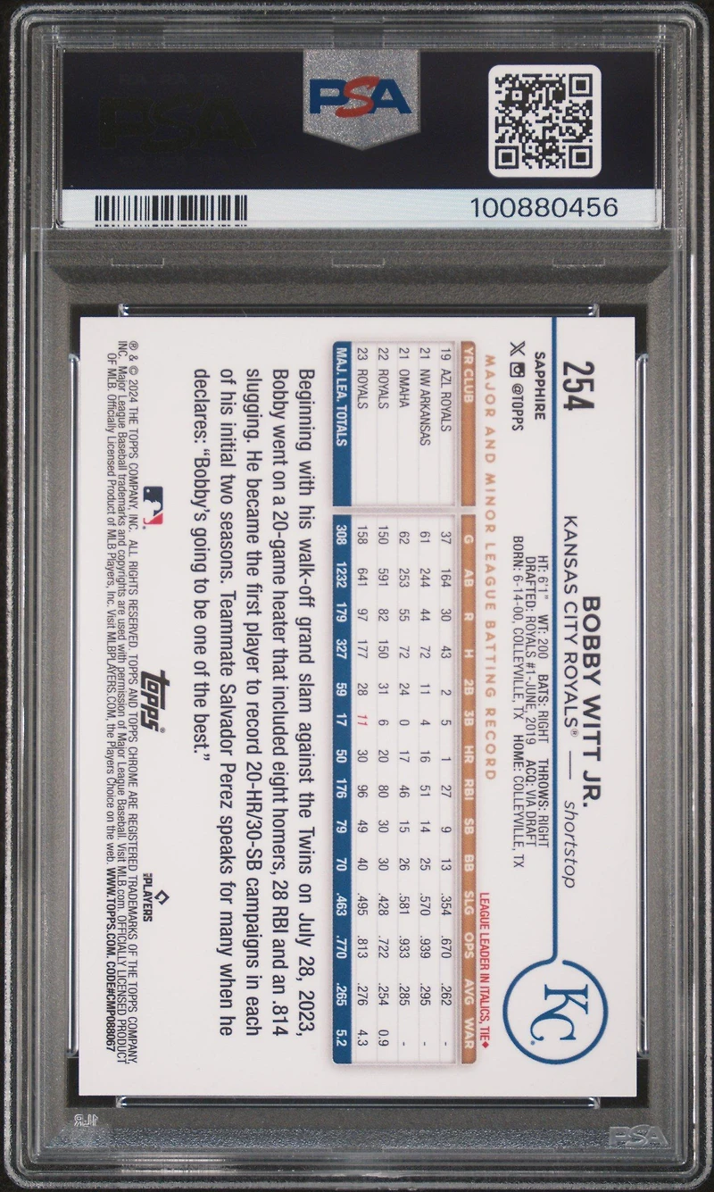 2024 Topps Chrome Sapphire 254 Bobby Witt Jr. Black PSA 9