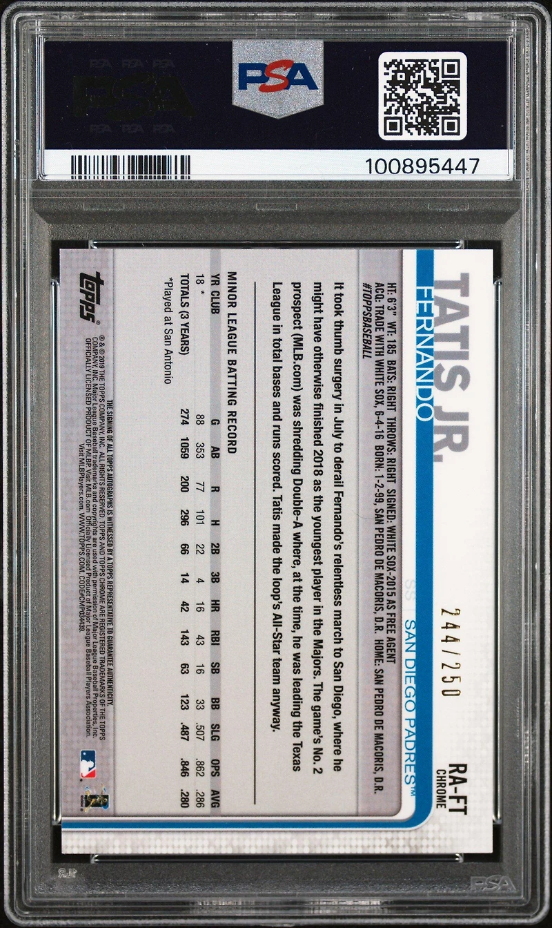 2019 Topps Chrome Rookie Autographs Ra-ft Fernando Tatis Jr. Purple Refractor PSA