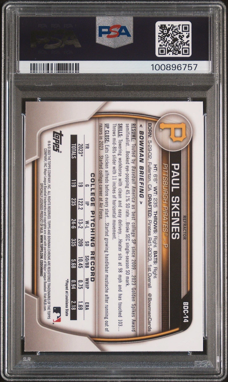 2023 Bowman Draft Bdc14 Paul Skenes Chrome-refractor PSA