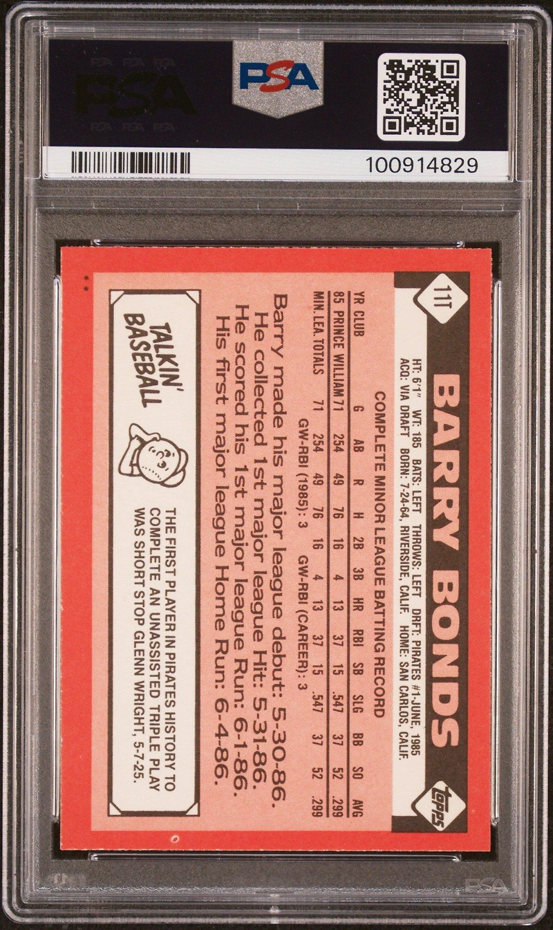1986 Topps Traded 11t Barry Bonds PSA