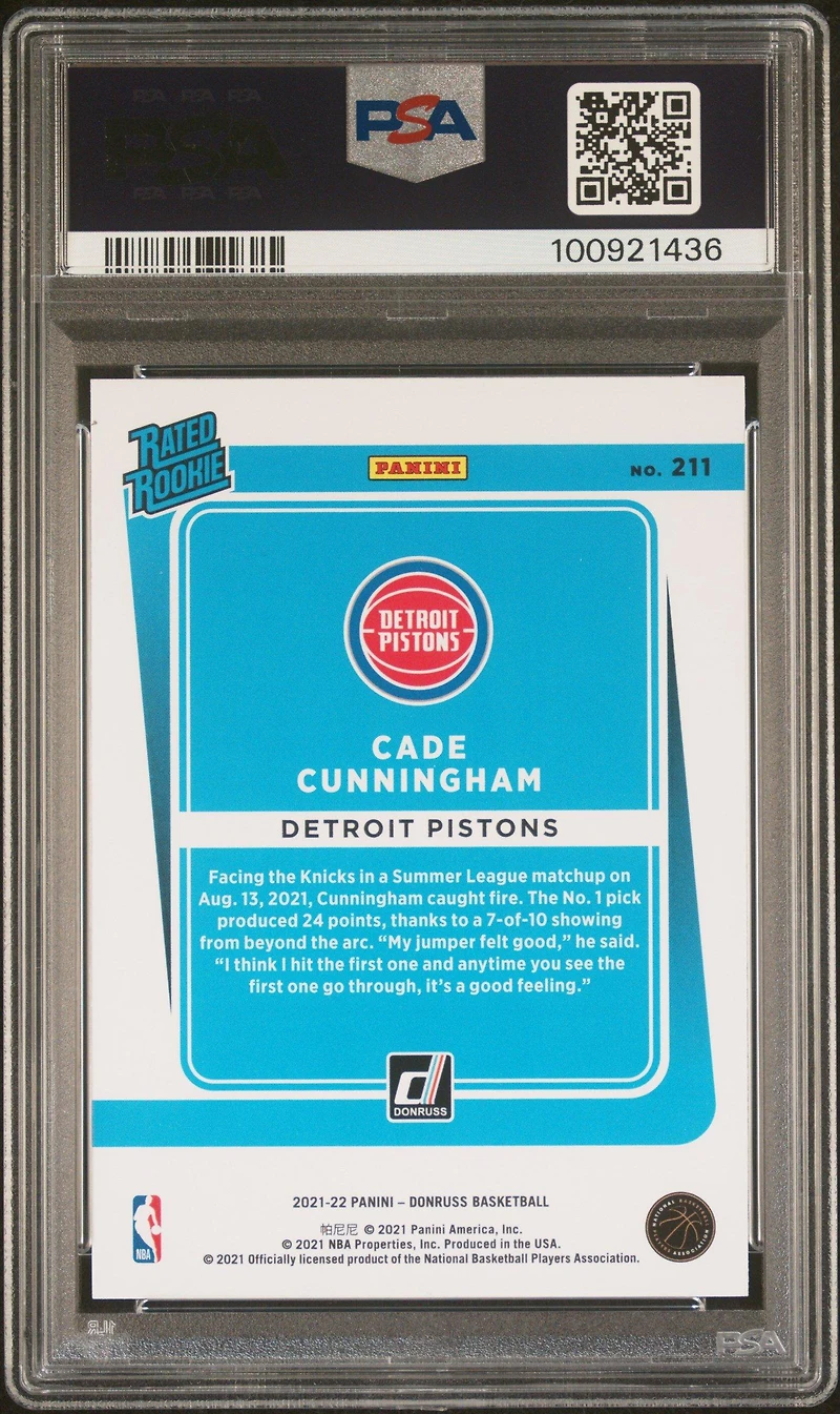 2021 Panini Donruss 211 Cade Cunningham Holo Orange Laser PSA 10