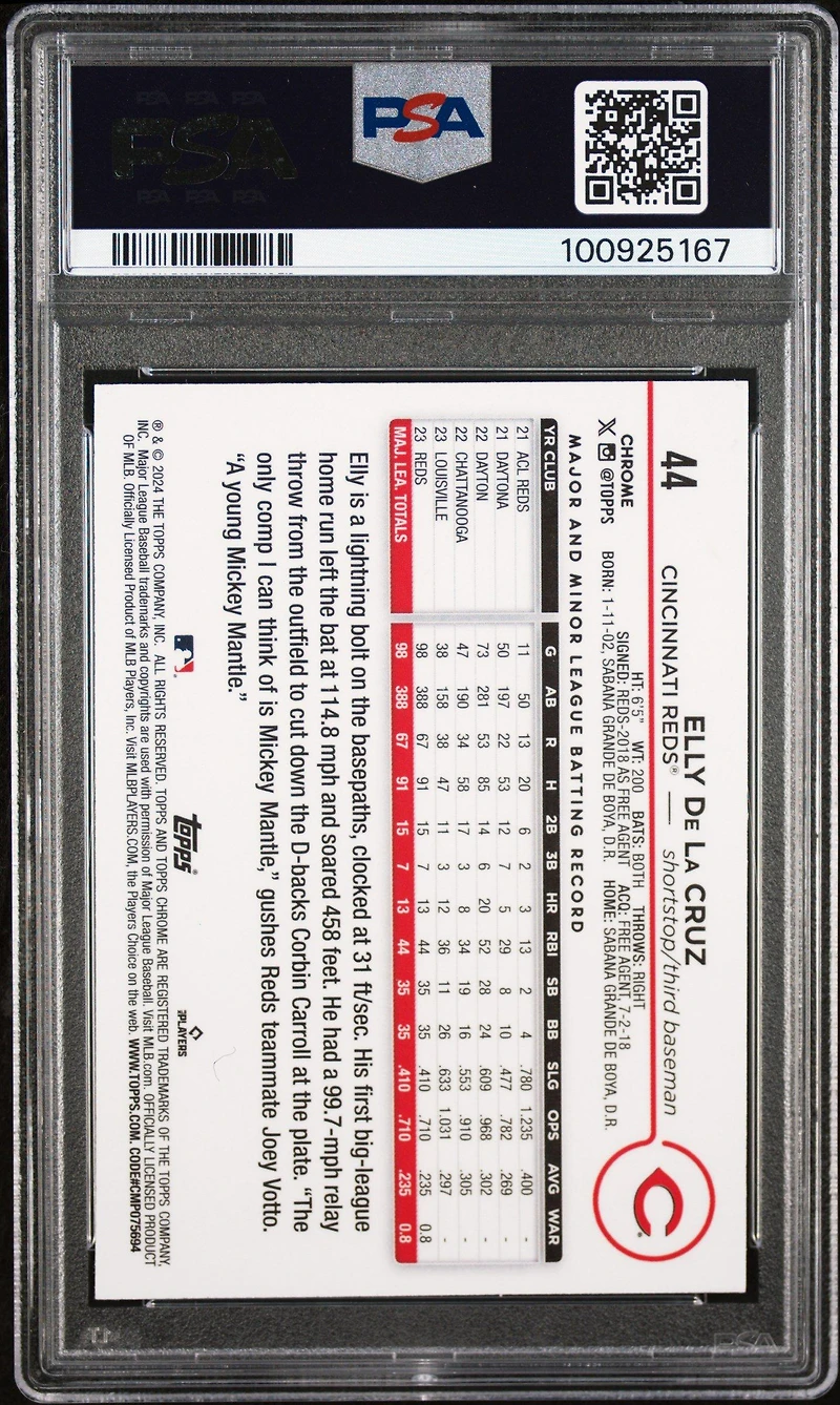 2024 Topps Chrome 44 Elly De La Cruz Raywave PSA