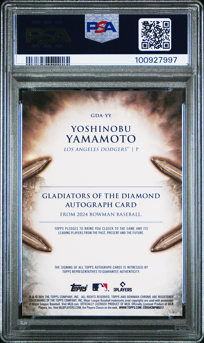 2024 Bowman Chrome Gladiators Of The Diamond Autographs Gdayy Yoshinobu Yamamoto Gold Mini Diamond Refractor PSA 10