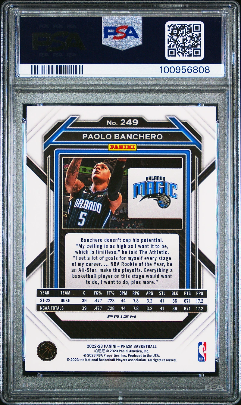 2022 Panini Prizm 249 Paolo Banchero Green Prizm PSA 10