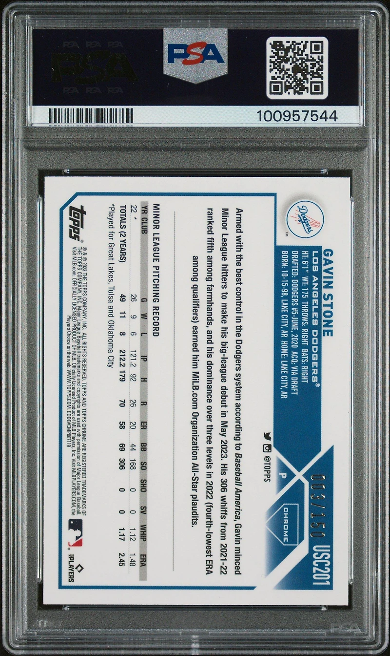 2023 Topps Chrome Update Usc201 Gavin Stone Blue Refractor PSA 10