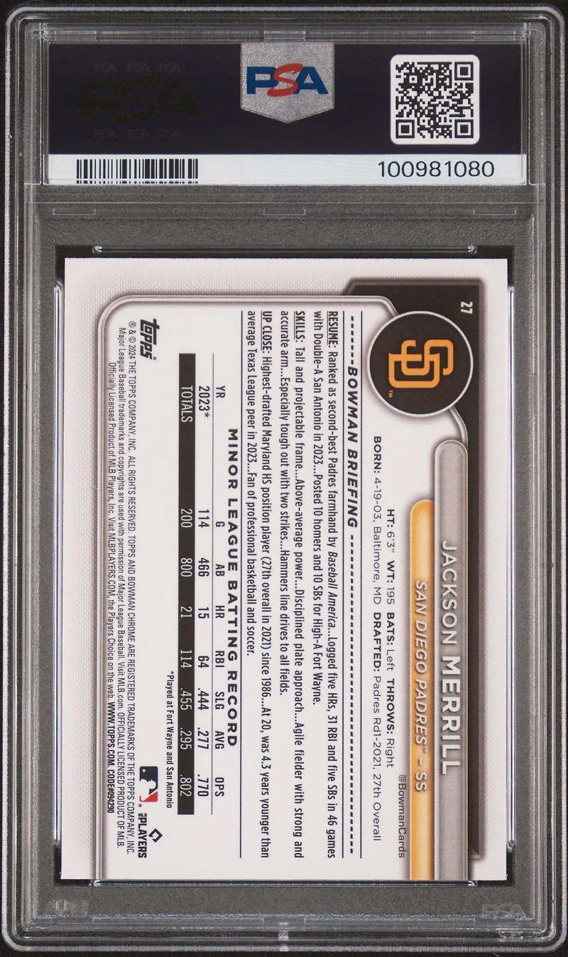2024 Bowman Chrome Mega Box 27 Jackson Merrill PSA 10