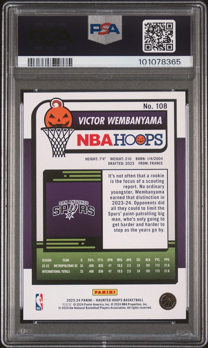 2023 Panini Haunted Hoops 108 Victor Wembanyama Slime PSA