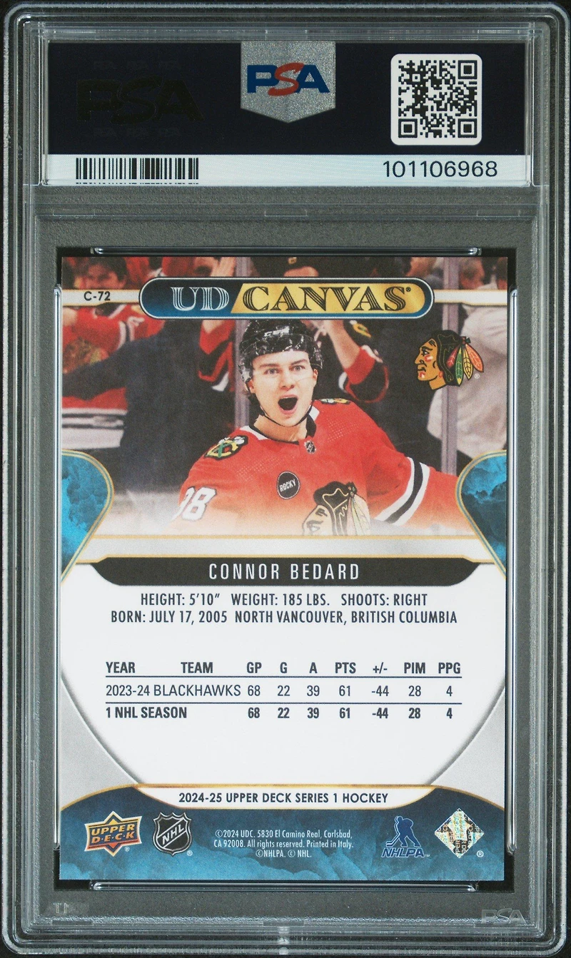 2024 Upper Deck Ud Canvas C72 Connor Bedard PSA 10