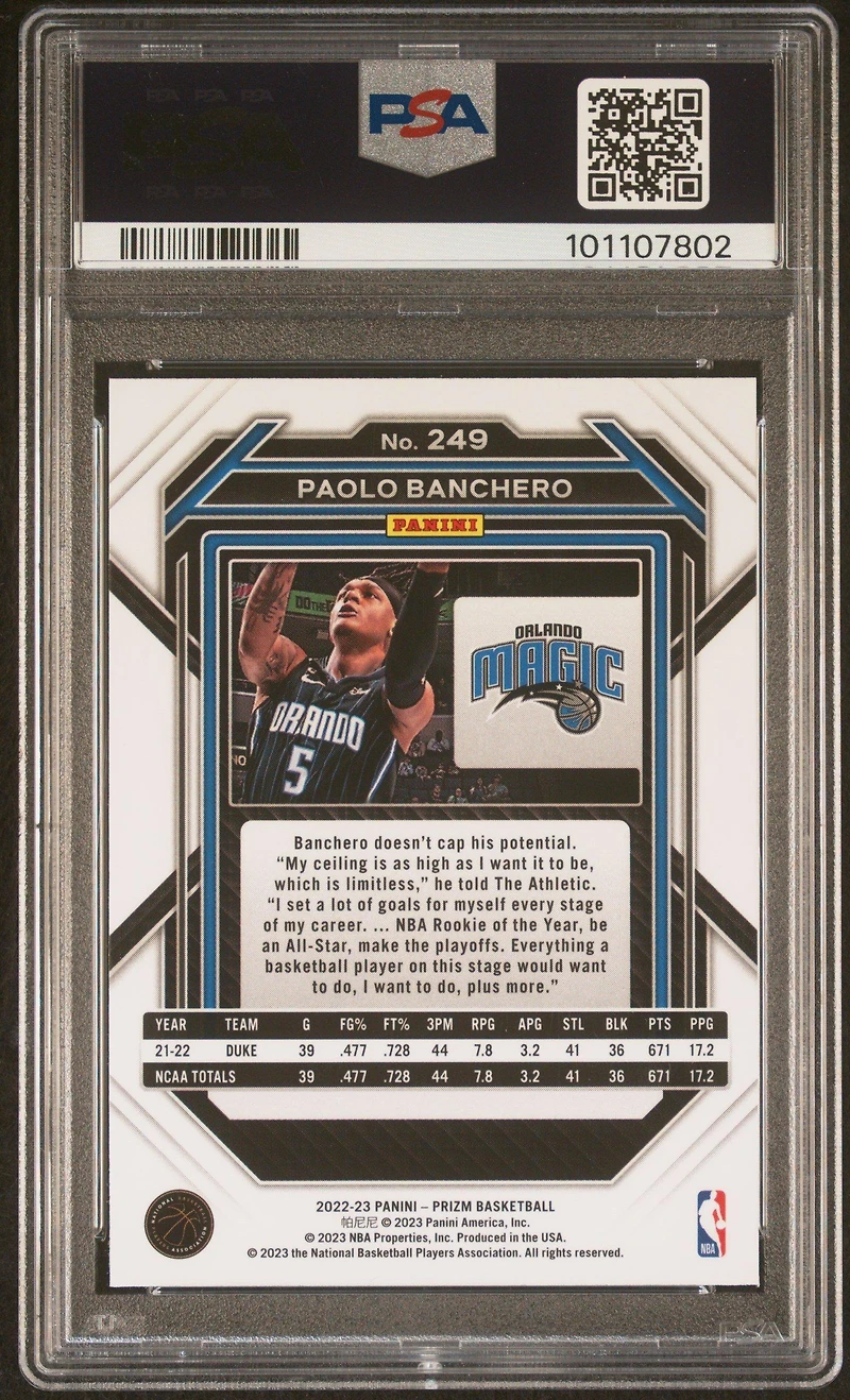 2022 Panini Prizm 249 Paolo Banchero PSA