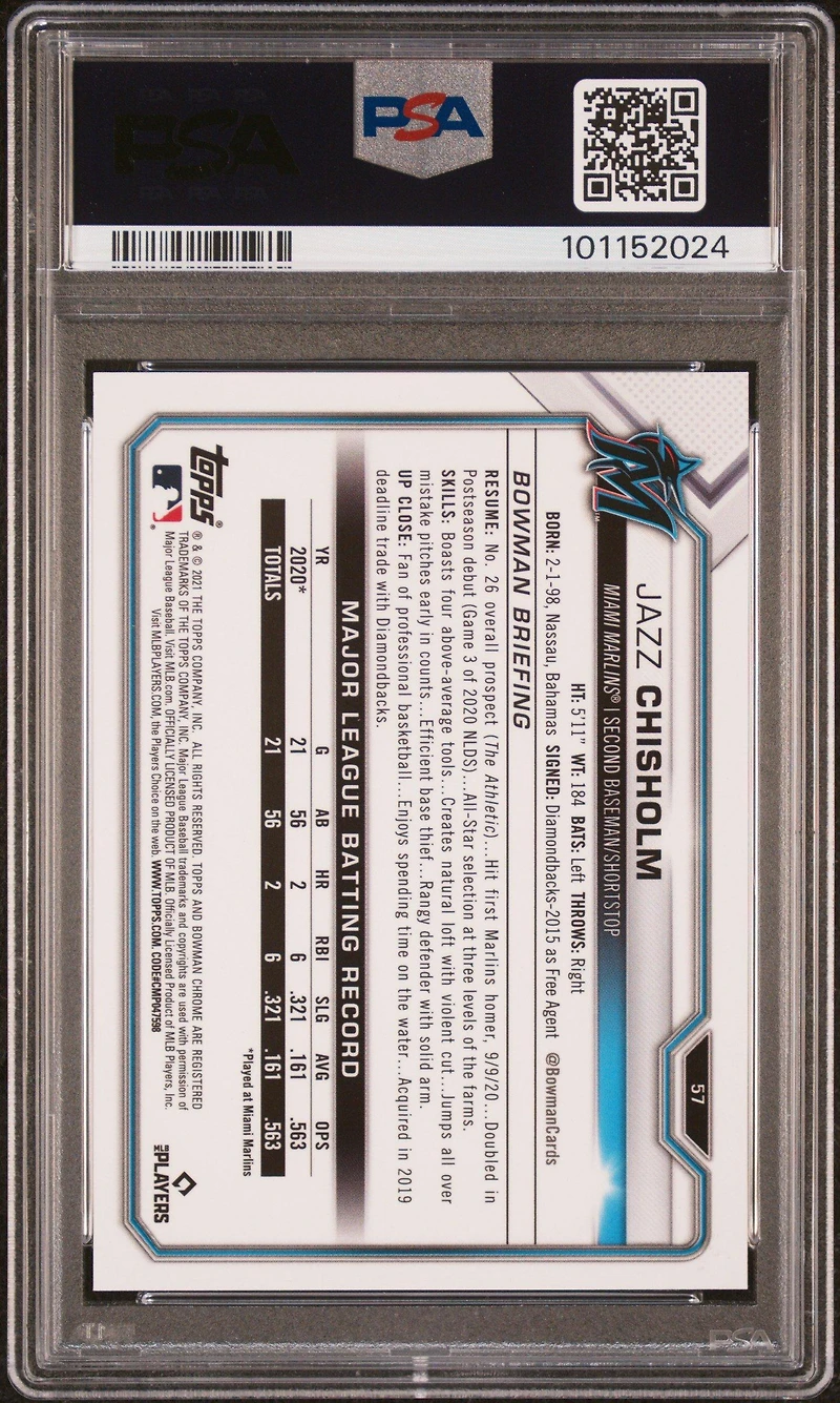 2021 Bowman Chrome 57 Jazz Chisholm Green Refractor PSA 10