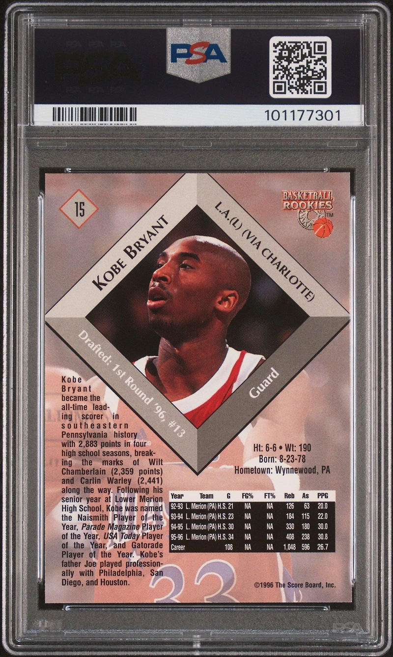 1996 Score Board Basketball Rookies 15 Kobe Bryant PSA 9