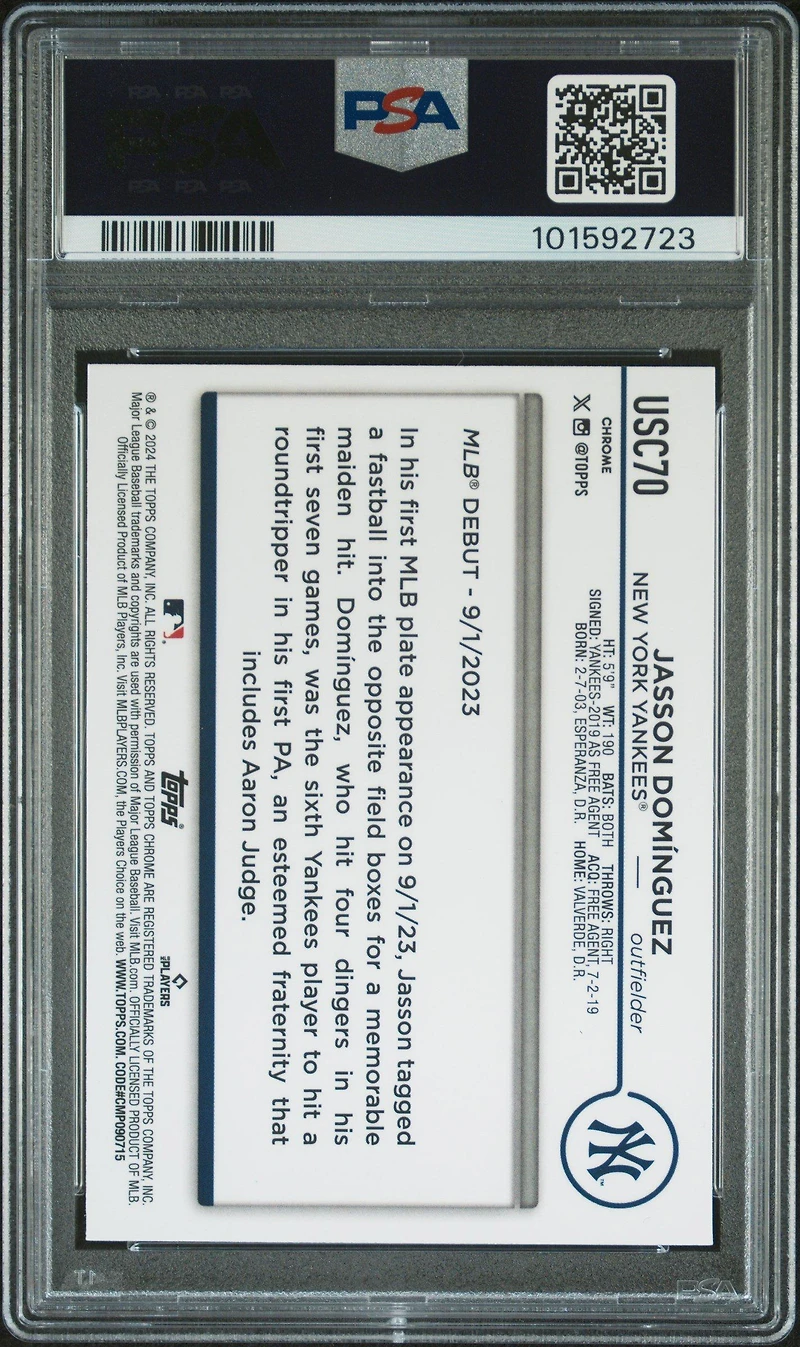 2024 Topps Chrome Update Usc70 Jasson Dominguez Magenta Refractor PSA 9