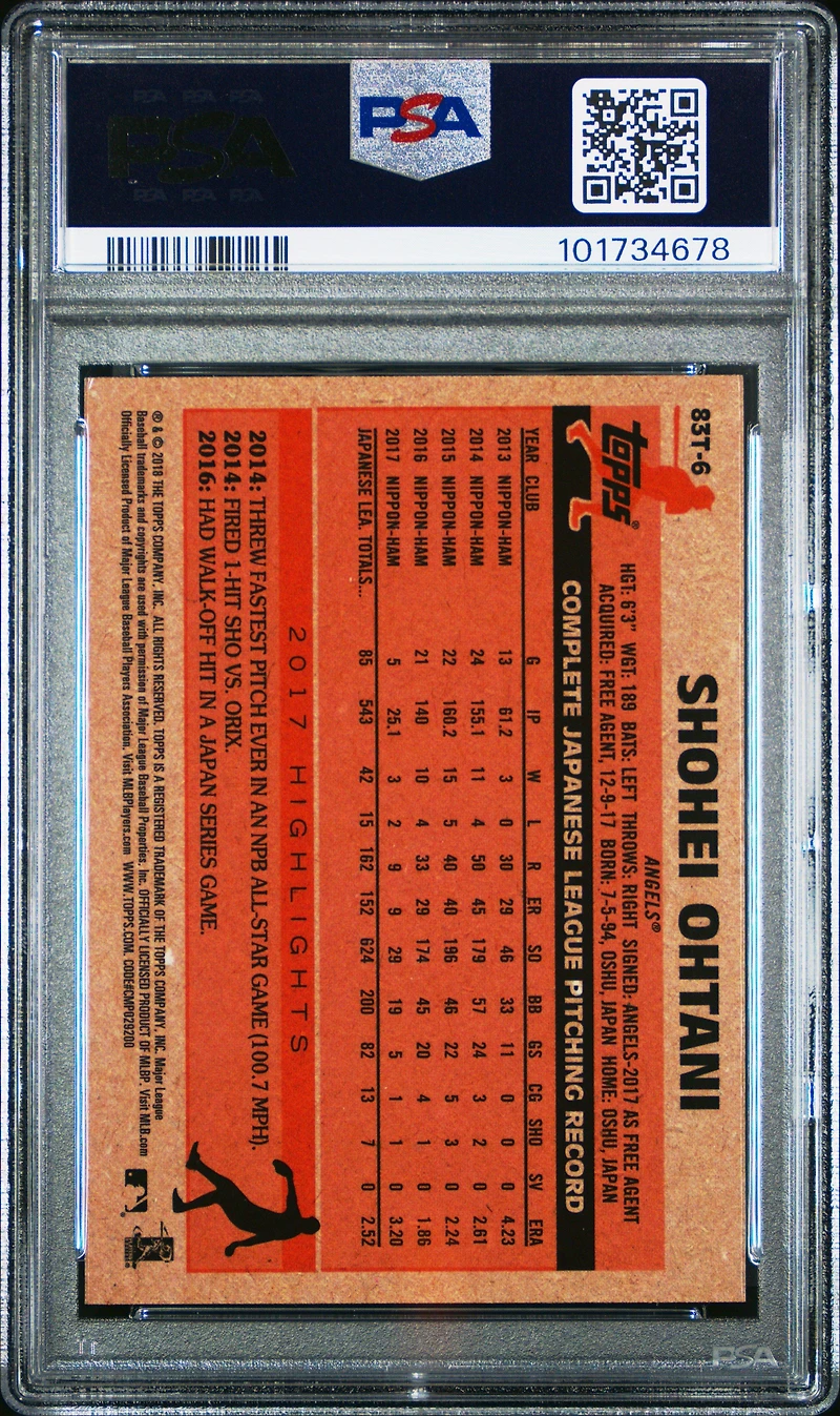 2018 Topps Chrome 1983 Topps 83t-6 Shohei Ohtani PSA