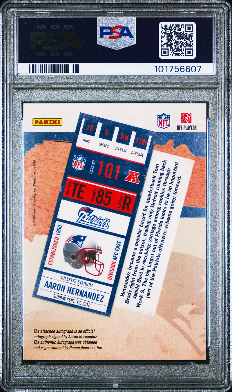 2010 Playoff Contenders 101 Aaron Hernandez Autograph PSA 10