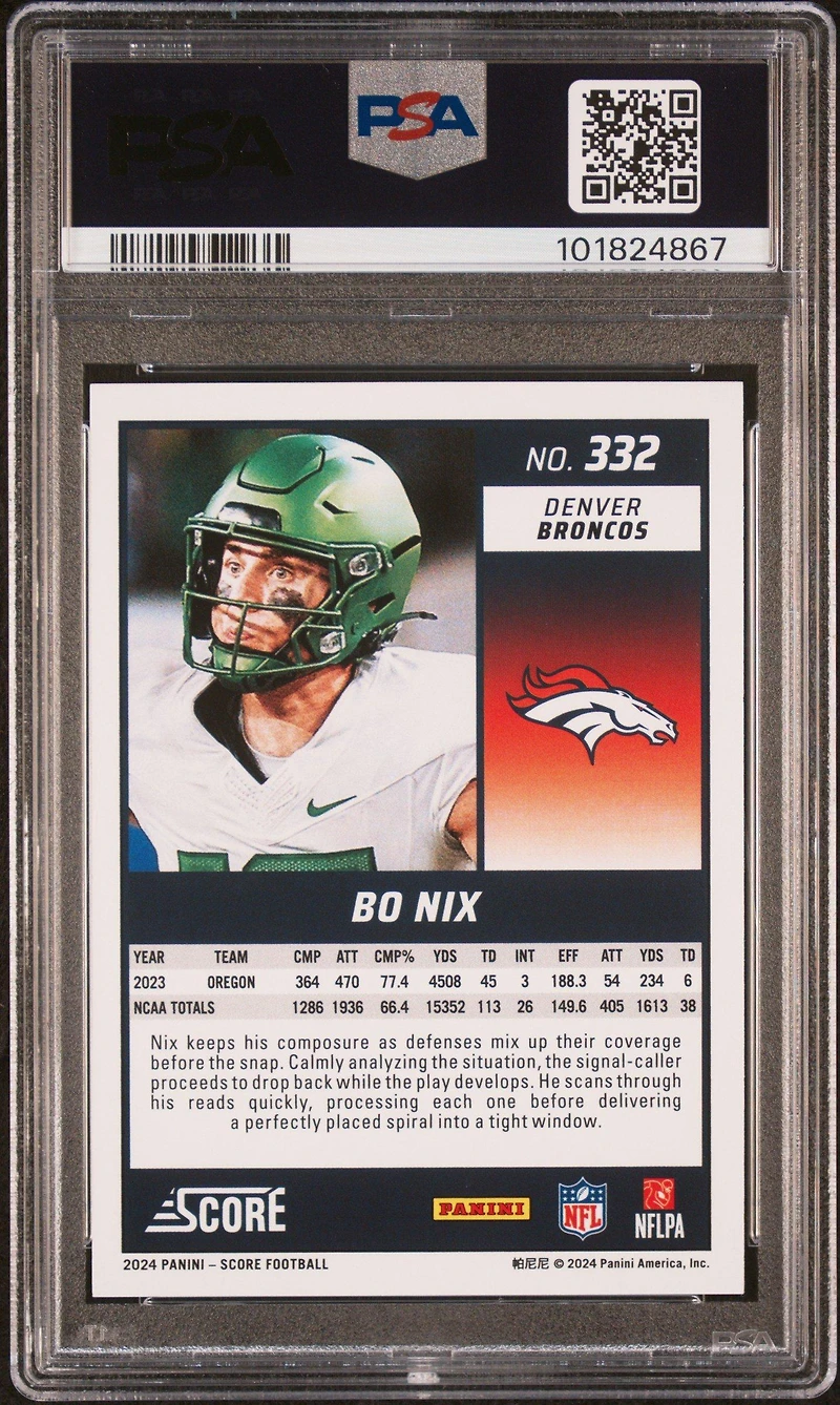 2024 Panini Score 332 Bo Nix PSA 10