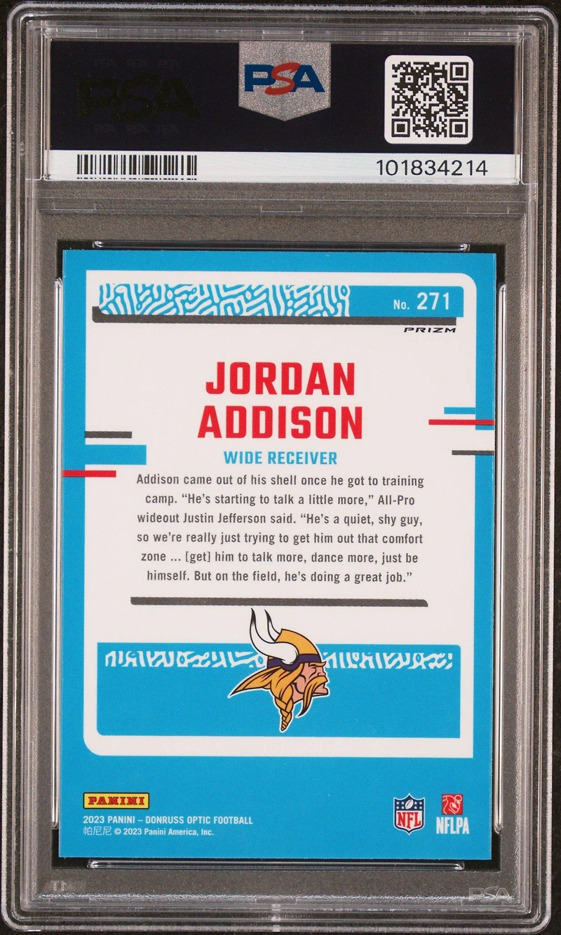 2023 Panini Donruss Optic 271 Jordan Addison Purple Shock PSA 10
