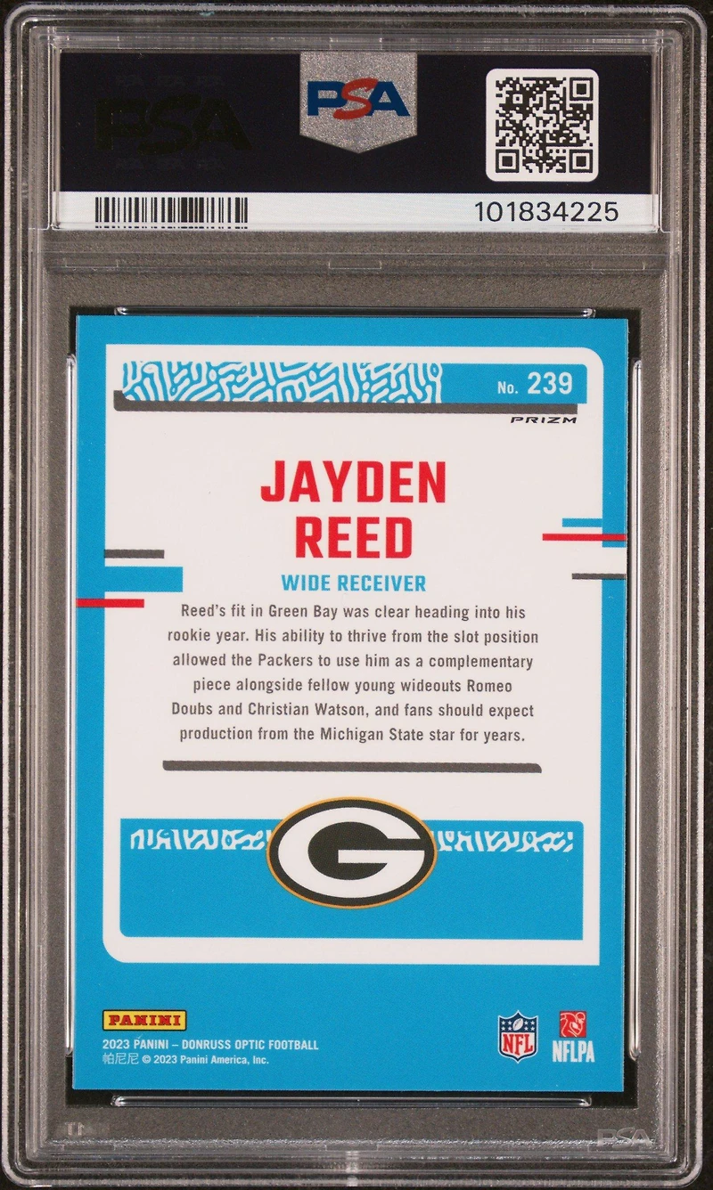2023 Panini Donruss Optic 239 Jayden Reed Purple Shock PSA 10
