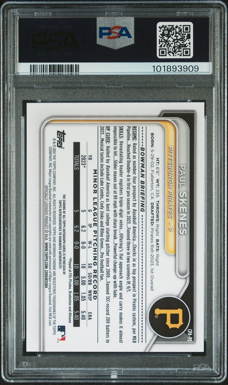 2024 Bowman Chrome Prospect Autographs Cpaps Paul Skenes PSA 9
