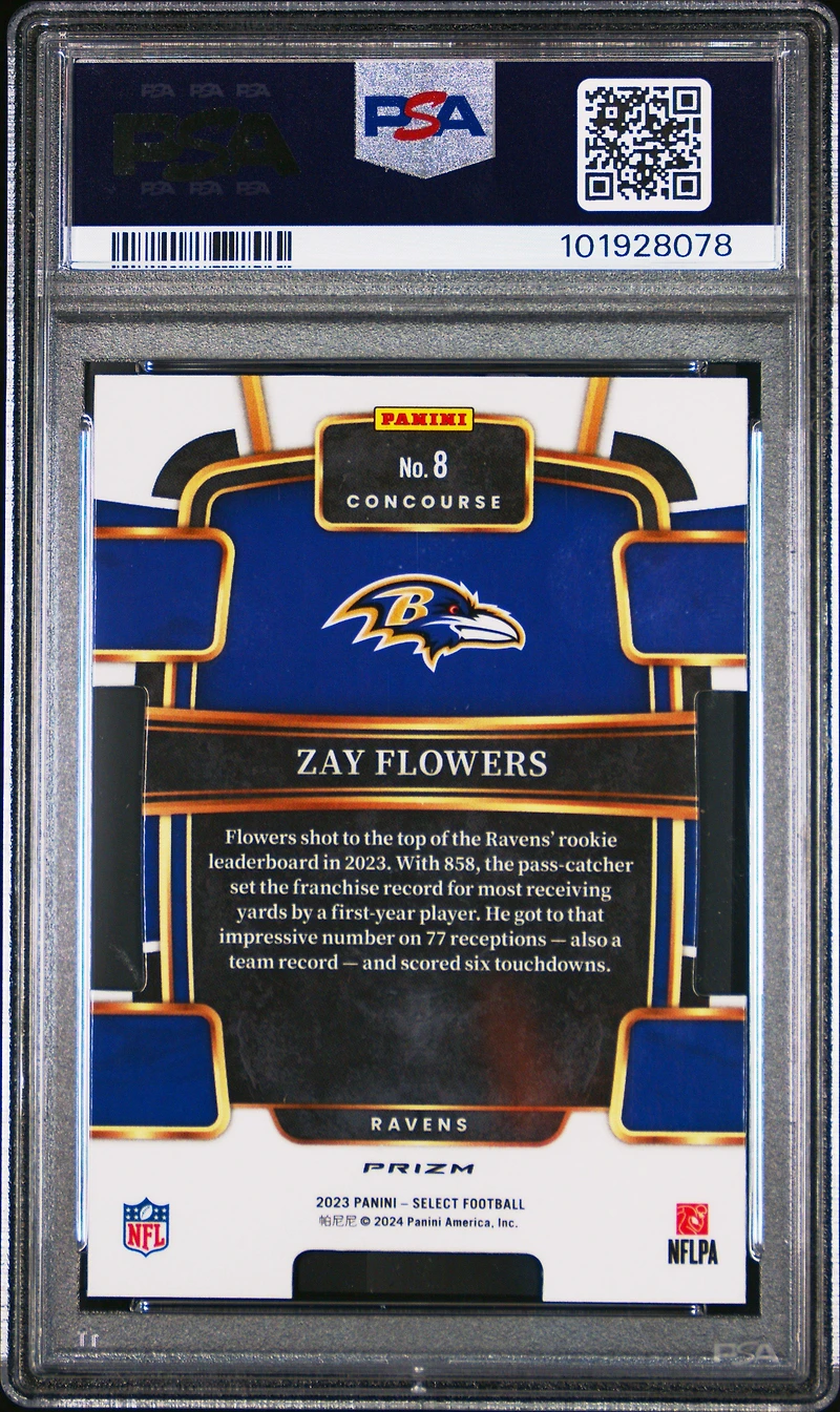 2023 Panini Select 8 Zay Flowers Die-cut Zebra Prizm PSA 10
