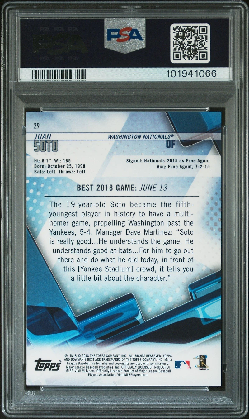 2018 Bowman's Best 29 Juan Soto Refractor PSA 10