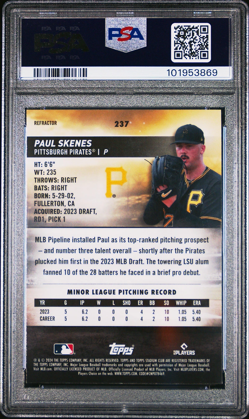 2024 Topps Stadium Club 237 Paul Skenes Chrome-refractor PSA 10