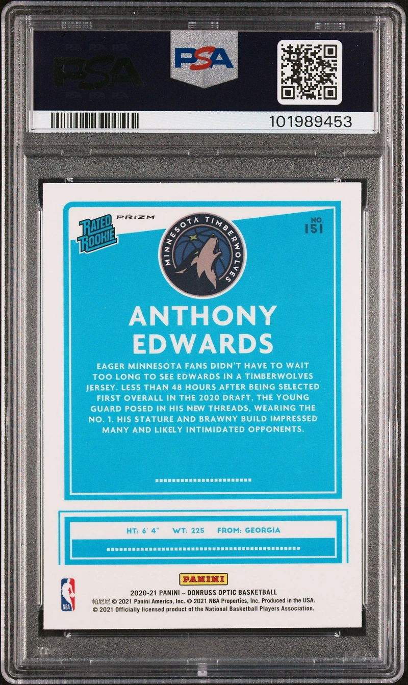 2020 Panini Donruss Optic 151 Anthony Edwards Purple Shock PSA 9