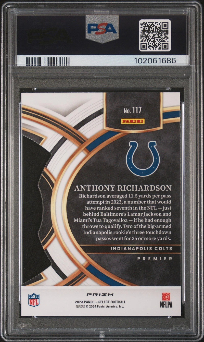 2023 Panini Select 117 Anthony Richardson Die-cut Red & Blue Prizm PSA 10