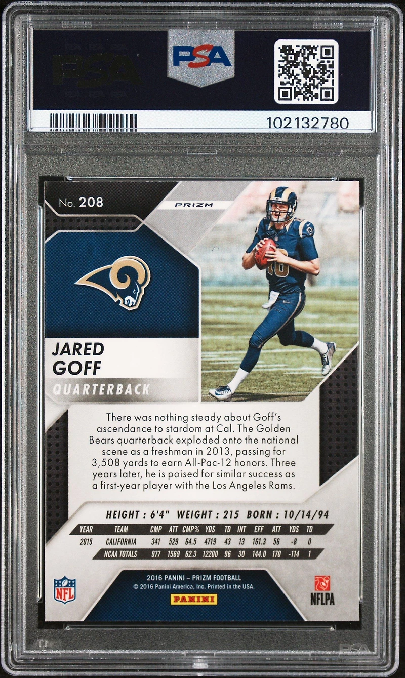 2016 Panini Prizm 208 Jared Goff Red/white/blue Disco Prizm PSA 8