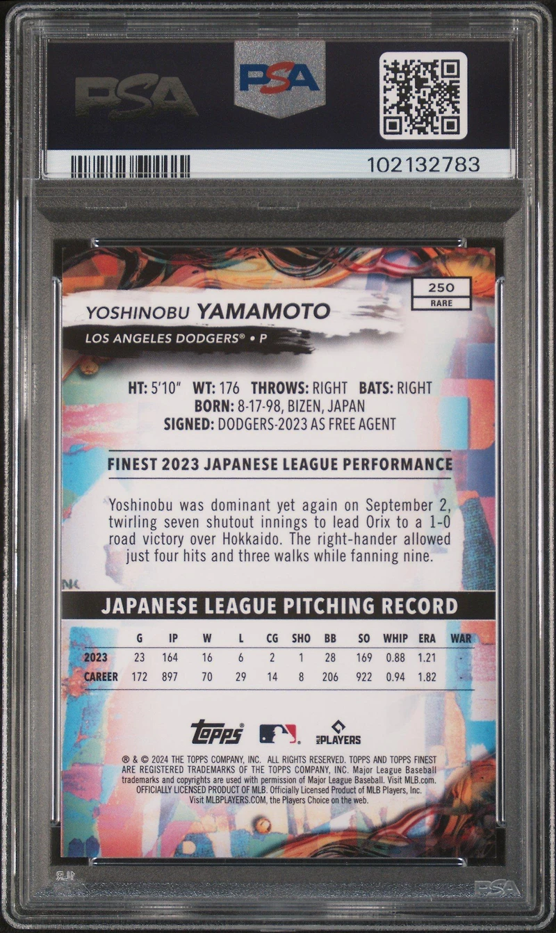 2024 Topps Finest 250 Yoshinobu Yamamoto Purple Refractor PSA 10