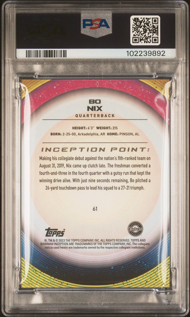 2022 Bowman University Inception 61 Bo Nix PSA 10
